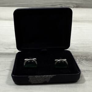Men's Silver & Green Bullet Back Cufflinks Metal Green Stone in Box